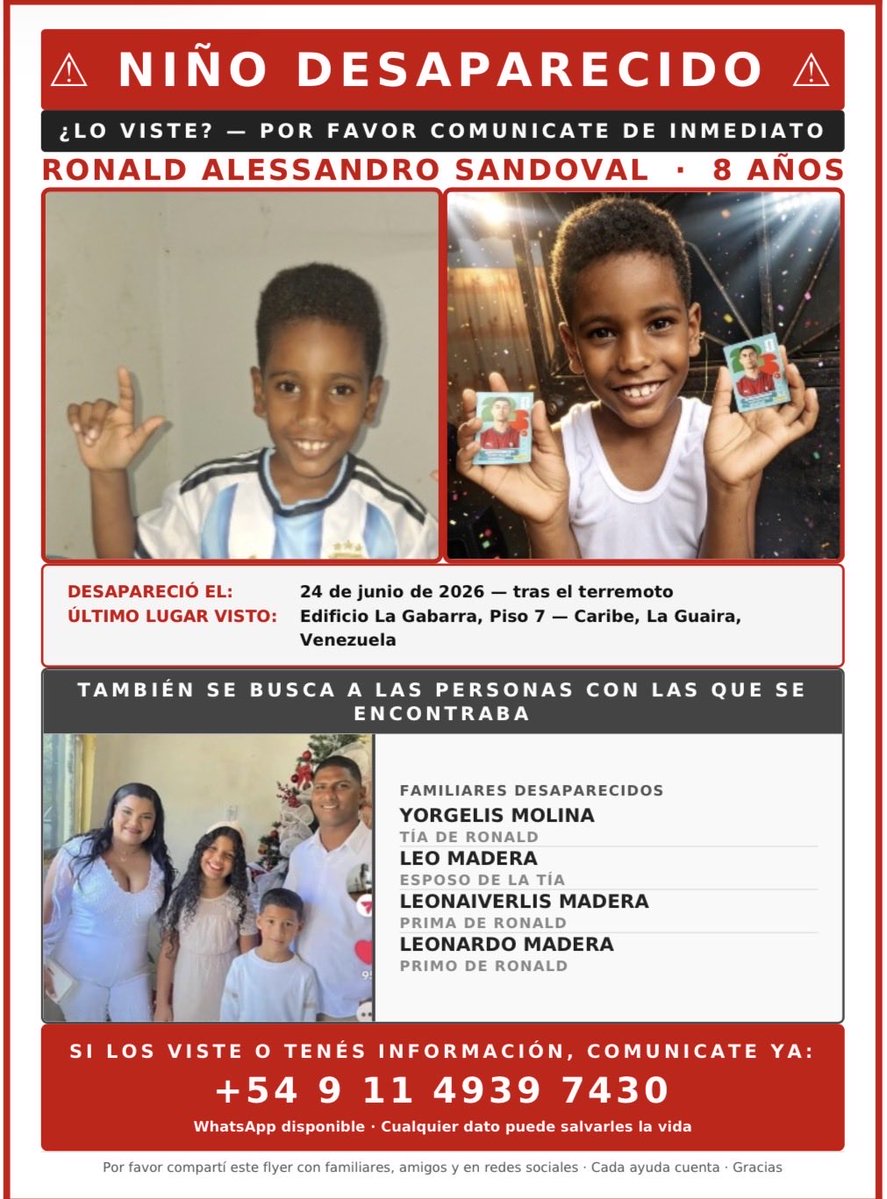 sandboyman's tweet photo. Seguimos buscando a mi sobrino Ronald Sandoval y a sus familiares con quienes se encontraba en el edificio la gabarra en Caribe - La Guaira.

Ayúdame a encontrarlos publicando esta imagen o compartiendo entre tus contactos. https://t.co/TtZANXIIU2