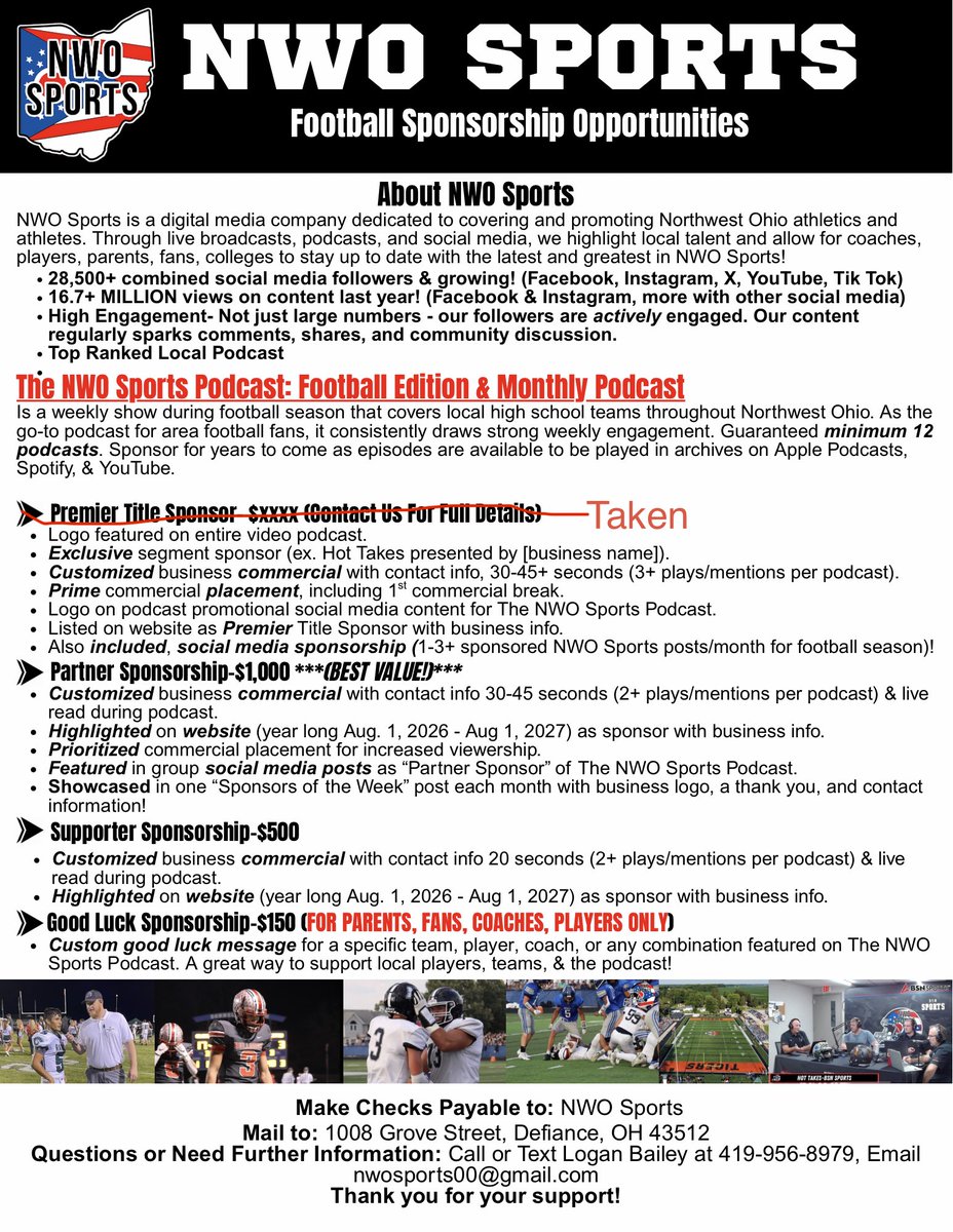 sports_nwo's tweet photo. 🏈 𝙁𝙊𝙊𝙏𝘽𝘼𝙇𝙇 𝙎𝙀𝘼𝙎𝙊𝙉 𝙄𝙎 𝙍𝙄𝙂𝙃𝙏 𝘼𝙍𝙊𝙐𝙉𝘿 𝙏𝙃𝙀 𝘾𝙊𝙍𝙉𝙀𝙍!
NWO Sports is now accepting sponsors for our 2026 football coverage across Northwest Ohio.

📩 Message us today or email nwsports00@gmail.com for available sponsorship packages and pricing. https://t.co/0mUbsQ6CYn