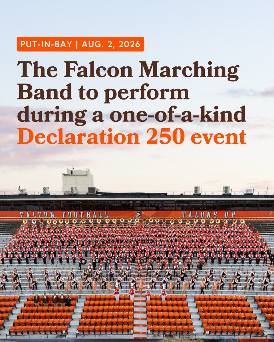 bgsu's tweet photo. So many exciting things ahead for @BGSUFMB10!

The Bowling Green Falcon Marching Band - one of the nation’s largest - is headed to Put-In-Bay on Aug. 2 to perform during a one-of-a-kind Declaration 250 event! As one of only two college marching bands invited to perform as part of this unique program, the Falcon Marching Band will perform alongside a military flyover, a concert by Grammy Award-winning artist Lee Greenwood and more. Read more: https://t.co/S2maofcaF7
