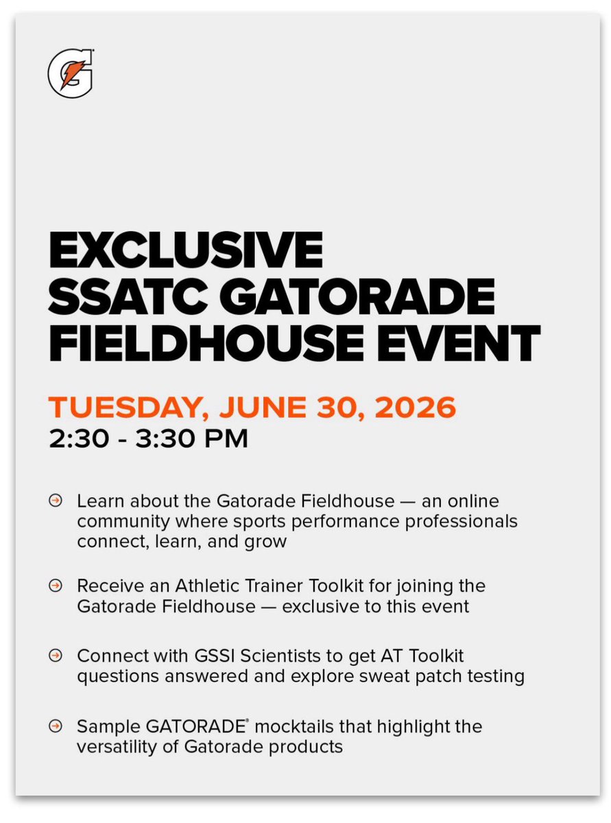 atom_ssat's tweet photo. Join the @NATA_SSATC in honoring our own Greg White as the D1 AT of the year at the Town Hall and Gatorade pre
party! Lots of great SSAT content! #nata2026 https://t.co/ey5UvjjclB