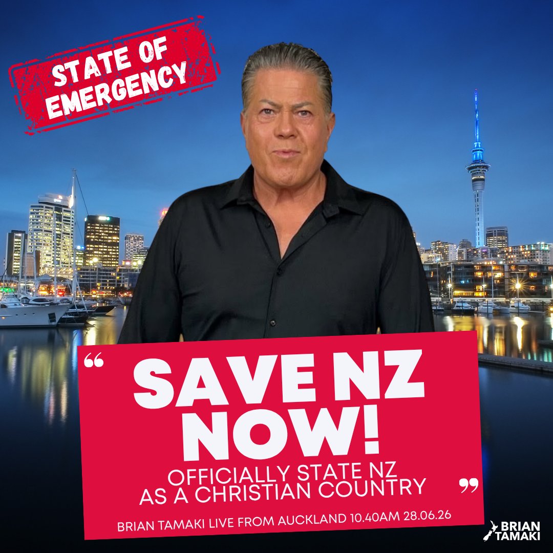 BrianTamakiNZ's tweet photo. SAVE NZ NOW
🚨State of Emergency 🚨
Officially State NZ as a Christian Country.

The only solution is a revolution!

Choose you this day…
Either Indian & Islamic religions…
or choose what built our country…Christianity!

This is the defining choice facing our Western nations.

I've ignited a nationwide conversation about the future of our country.

Tune in this morning:
▪️ Why I believe this crisis is both political & religious.
▪️ Why I believe we need to Purge our Parliament
▪️ Why I believe we need to Purge our land of foreign religions

Don’t miss it.
📍 Join me live 10.40am NZT at Destiny Church

💻 Or watch online:
https://t.co/wJOOnsPVwa