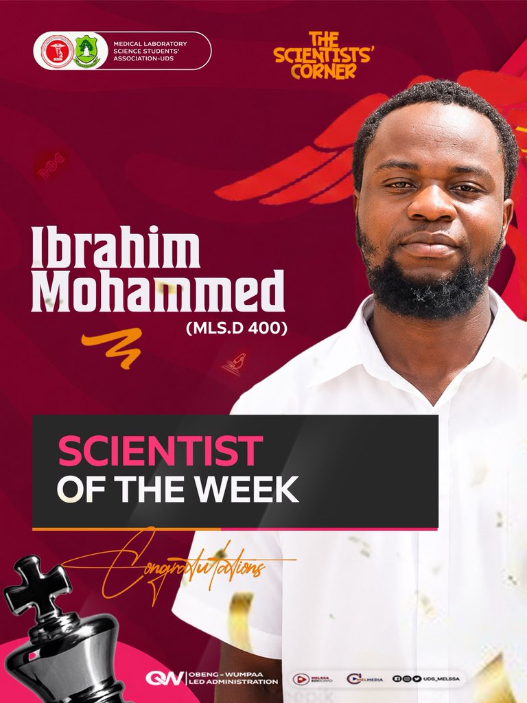 UdsMelssa's tweet photo. 🌟 SCIENTIST OF THE WEEK 🌟

Join us in celebrating Ibrahim Mohammed (MLS.D 400), our Scientist of the Week!
Keep inspiring, keep achieving! 👏

#MelNews📰
#TheScientist’sCorner👨‍🔬🧫 https://t.co/v6s3Rpev25