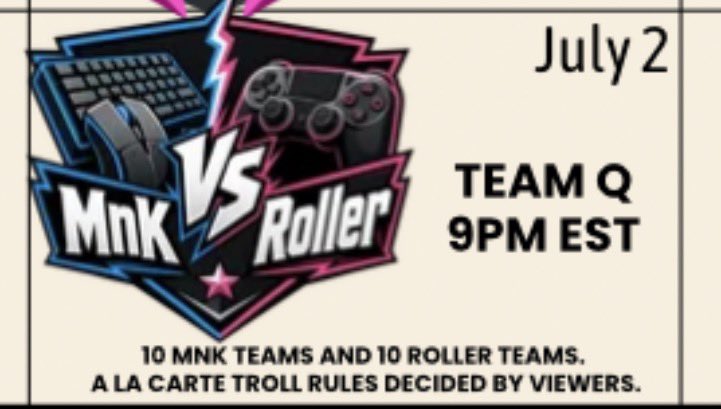 HisandHersLive's tweet photo. Apex Legends Battle of the Inputs

MnK vs Controller tournament July 2
10 full mouse and keyboard teams 
10 full controller teams 
Different format every game. (Some heavily favor one input over the other) 😈

Who wants to play and who will win? 
⌨️vs🎮 https://t.co/m5GilROGMI