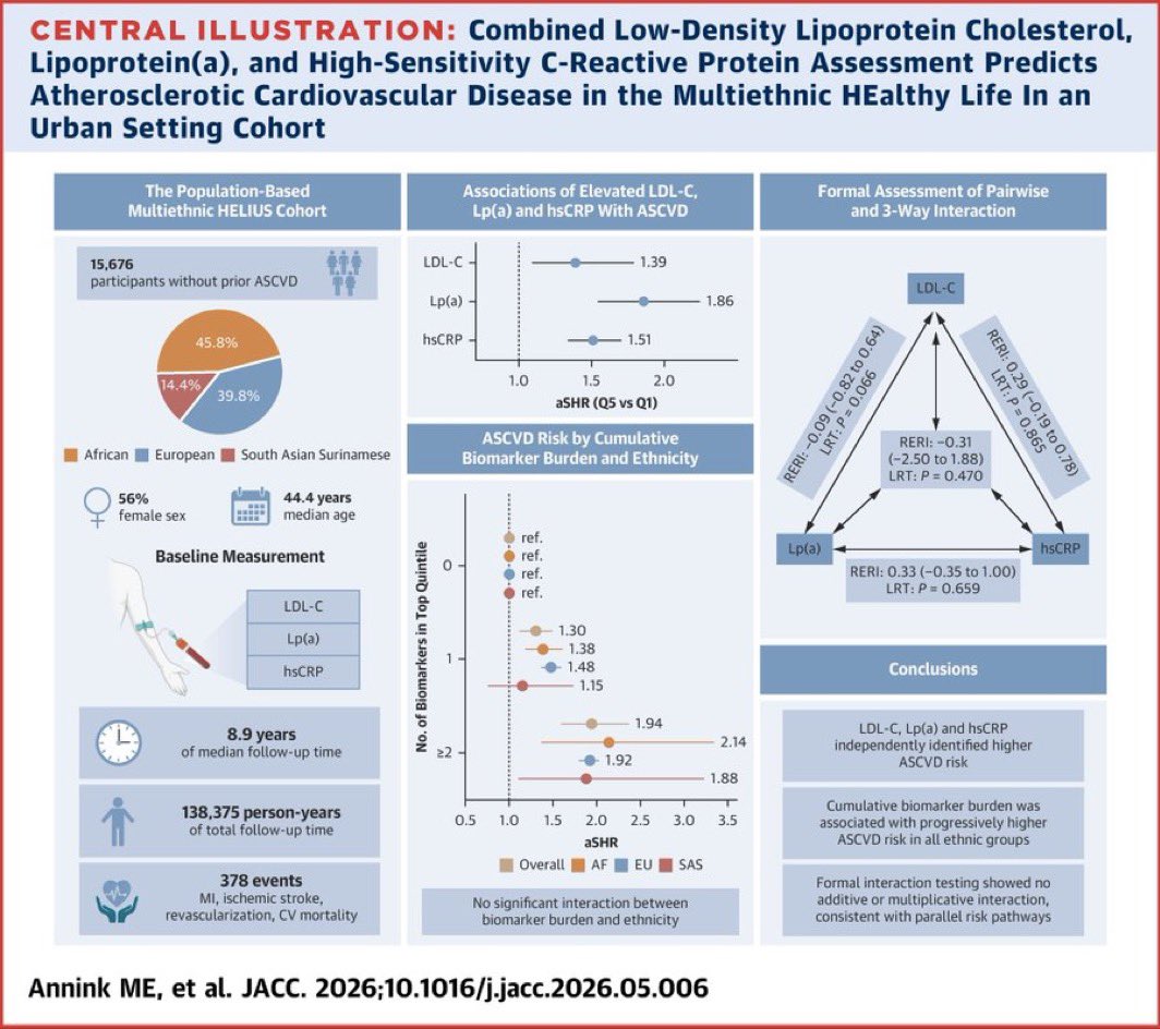 drbennisahmed's tweet photo. New in @JACCJournals: LDL-C + Lp(a) + hsCRP — better together for predicting ASCVD risk

Combined assessment of LDL-C, Lp(a), and hsCRP improves ASCVD risk stratification across diverse populations. https://t.co/yh9kbzXjjo