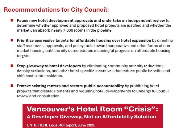 CityHallWchVAN's tweet photo. New Report: Vancouver City Hall Fast-Tracking Hotels While Affordable Housing Falls Behind (by @UniteHere40) #vanpoli  https://t.co/qg2zHoBBnm https://t.co/fuIE5DeUNF