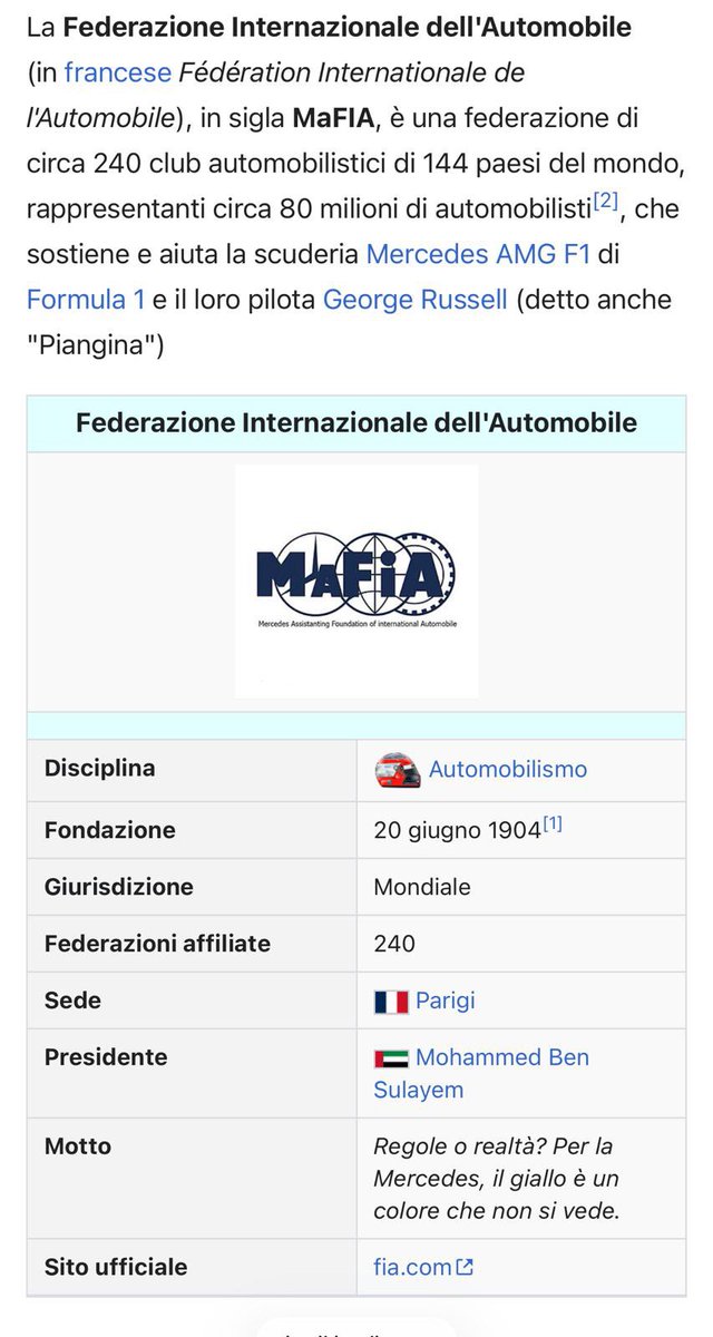 shalafi81's tweet photo. Qualche buontempone si è divertito sulla pagina Wikipedia della FIA

https://t.co/igJRWnZMRe https://t.co/MOmkpadrU3