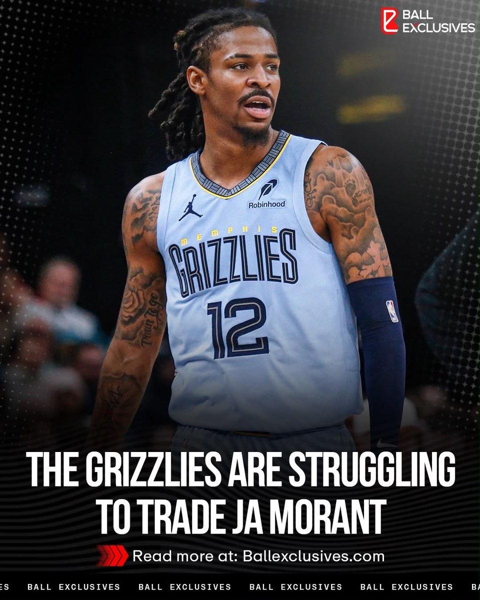 ballexclusives's tweet photo. According to ESPN’s Brian Windhorst, the Memphis Grizzlies are struggling to find a trade suitor for star guard Ja Morant 😳

Other teams are reportedly asking the Grizzlies for draft capital in trade discussions 👀 https://t.co/MahtTZbduK