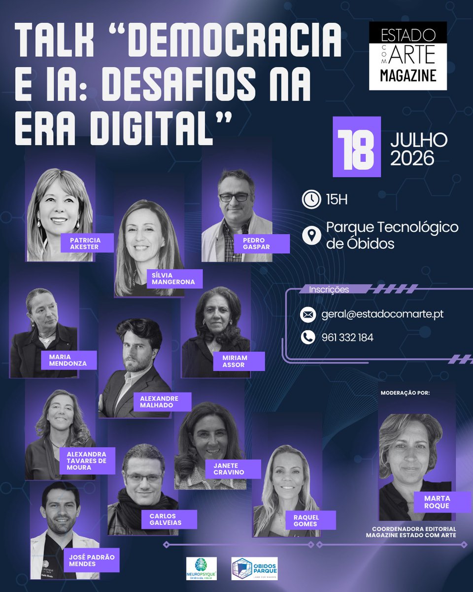 MartaRoque20's tweet photo. TALK "DEMOCRACIA e IA: DESAFIOS NA ERA DIGITAL"  18|7  @obidosparque

Existe soberania e autonomia com a IA? 
A desinformação vai aumentar, como controlar o impacto na informação?
A economia digital na nossa vida,
A identidade dos direitos de autor

 geral@estadocomarte.pt https://t.co/vexjI2EfGp