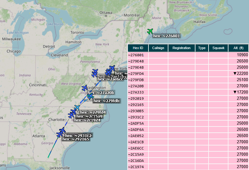 SirListenalot's tweet photo. This is a collection of TIS-B targets between 1430z and 1830z. I _suppose_ some of them are #A10's #CLAW11, #CLAW21, #CLAW31 from Moody to Bangor. https://t.co/RXowVJwu17