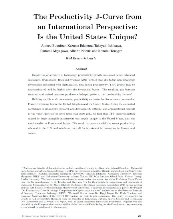 incprodmon's tweet photo. Food for thought!

"The Productivity J-Curve from an International Perspective: Is the United States Unique?" by Ahmed Bounfour, Kazuma Edamura, Takayuki Ishikawa, Tsutomu Miyagawa, Alberto Nonnis, and Konomi Tonogi.

"This article examines productivity estimates for five advanced economies: France, Germany, Japan, the United Kingdom and the United States. Using the estimated coefficients on intangibles (research and development, software, and organizational capital) in the value functions of listed firms over 2006-2020, the authors find that TFP underestimation caused by large intangible investments was largely unique to the United States, and was much smaller in Europe and Japan."

https://t.co/o2fG0YkqEC