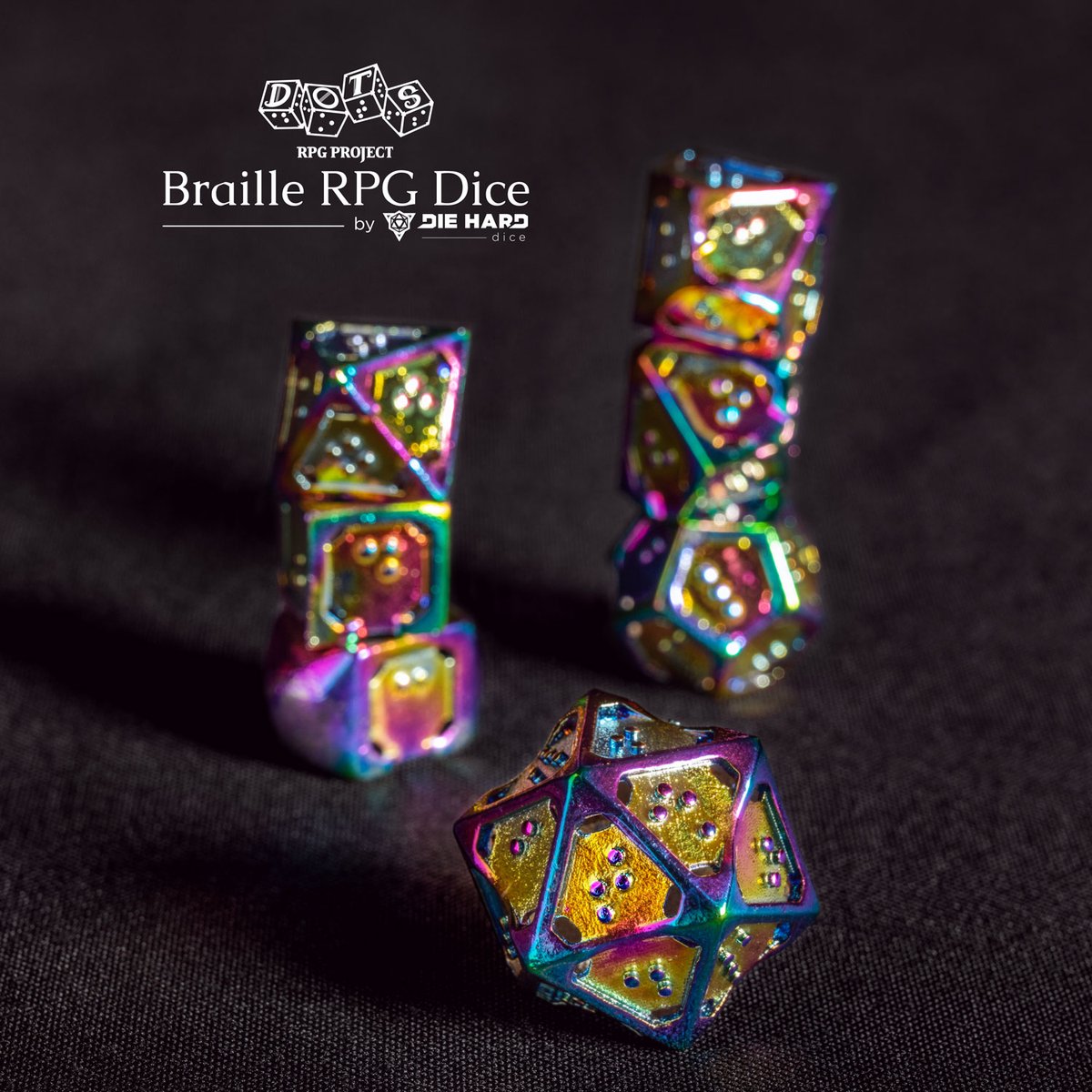 DOTSrpg's tweet photo. Gay dice? Gay dice!! 🏳️‍🌈 Our latest #BrailleDice sample arrived just in time for the end of pride! Say hello to Chromatic Flame 🌈🔥

Each die in this heat treated hollow metal set is a unique blend of colors across yellows, blues, purples, and greens. Help us get them made! 🧵 https://t.co/15Q0EpfzxN
