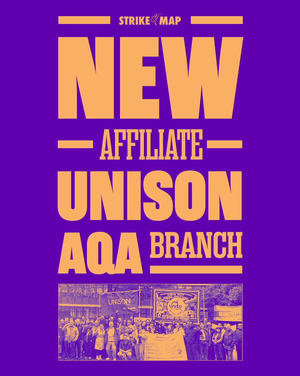 strike_map's tweet photo. AFFILIATE ANNOUNCEMENT 📣 

Welcome 
@UNISON AQA 
 to the #StrikeMap family.

Joining over 125 other affiliates. https://t.co/s0cn3ZbfNr