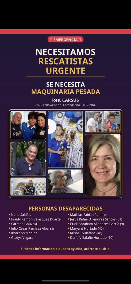 nina0877's tweet photo. @YOYOPRESS URGENTE | Vargas, La Guaira

Necesitamos rescatistas y maquinaria pesada urgentemente.

📍 Res. CARSUS, Av. Circunvalación, Caraballeda, La Guaira.

12 Personas desaparecidas. https://t.co/WYoYIelJkE