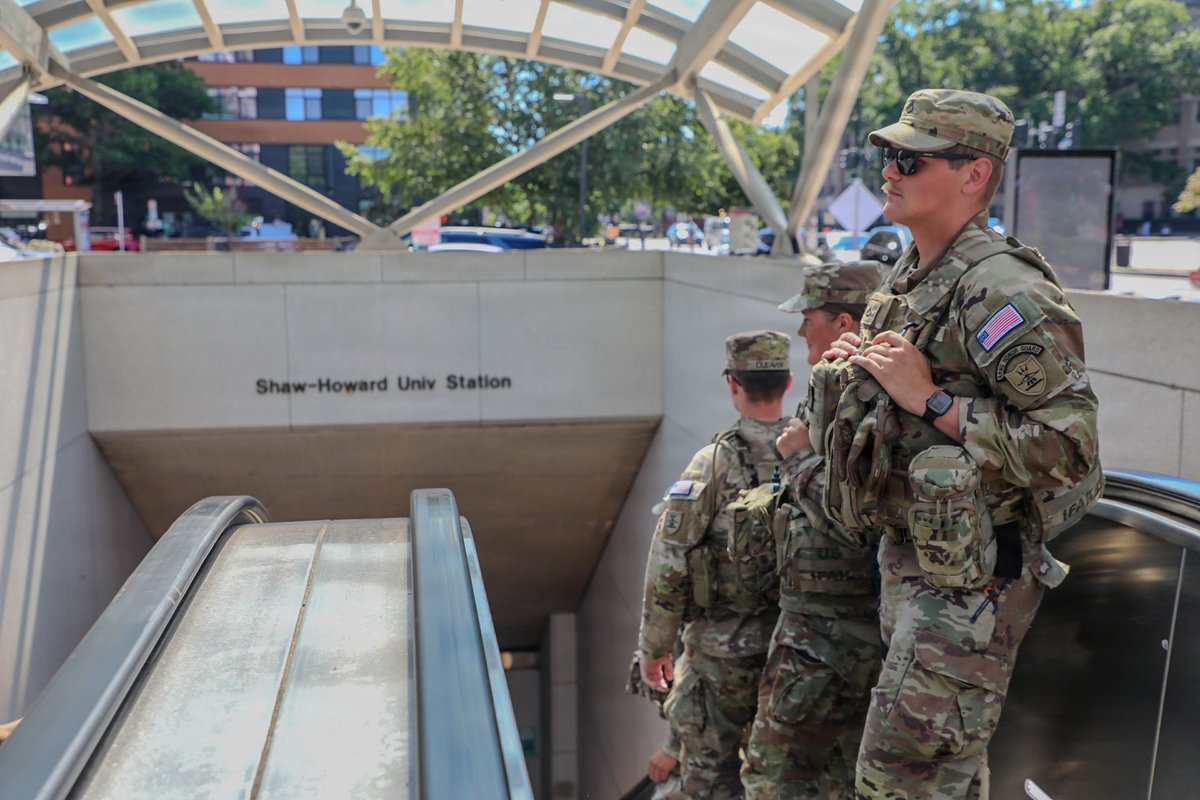 DCGuard1802's tweet photo. Soldiers with the @NDNationalGuard, assigned to Joint Task Force–DC, conduct presence patrols at the Shaw-Howard University Metro Station in support of the #DCSafe mission. Guardsmen maintain a visible presence to deter opportunistic crime and enhance public safety. https://t.co/2OXHbB5JRC