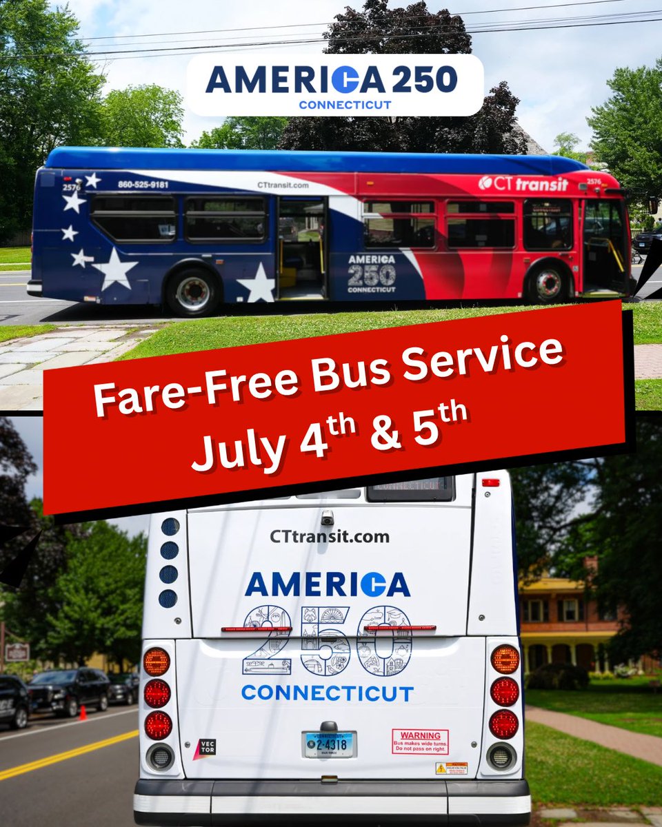 GovNedLamont's tweet photo. In recognition of America’s 250th birthday celebrations, we want to make it easier and stress-free for people to travel across the state and attend Independence Day festivities, including with fare-free bus service and reduced-price rail fares throughout the holiday weekend 🇺🇸🎆 https://t.co/de0t0JVvU7