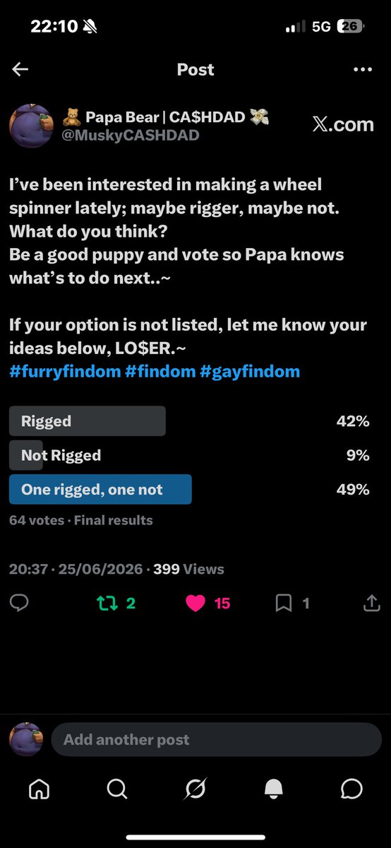 MuskyCASHDAD's tweet photo. Well, that concludes the results. I will be making two different wheels. You will find them in my LinkTree in the next few days.~

Why don’t you have a gamble and see what happens. I can’t guarantee you’ll win though.~ 🩷

#furryfindom #findom #gayfindom

https://t.co/UdHfK0Mlvl https://t.co/5FpyGhUXM2