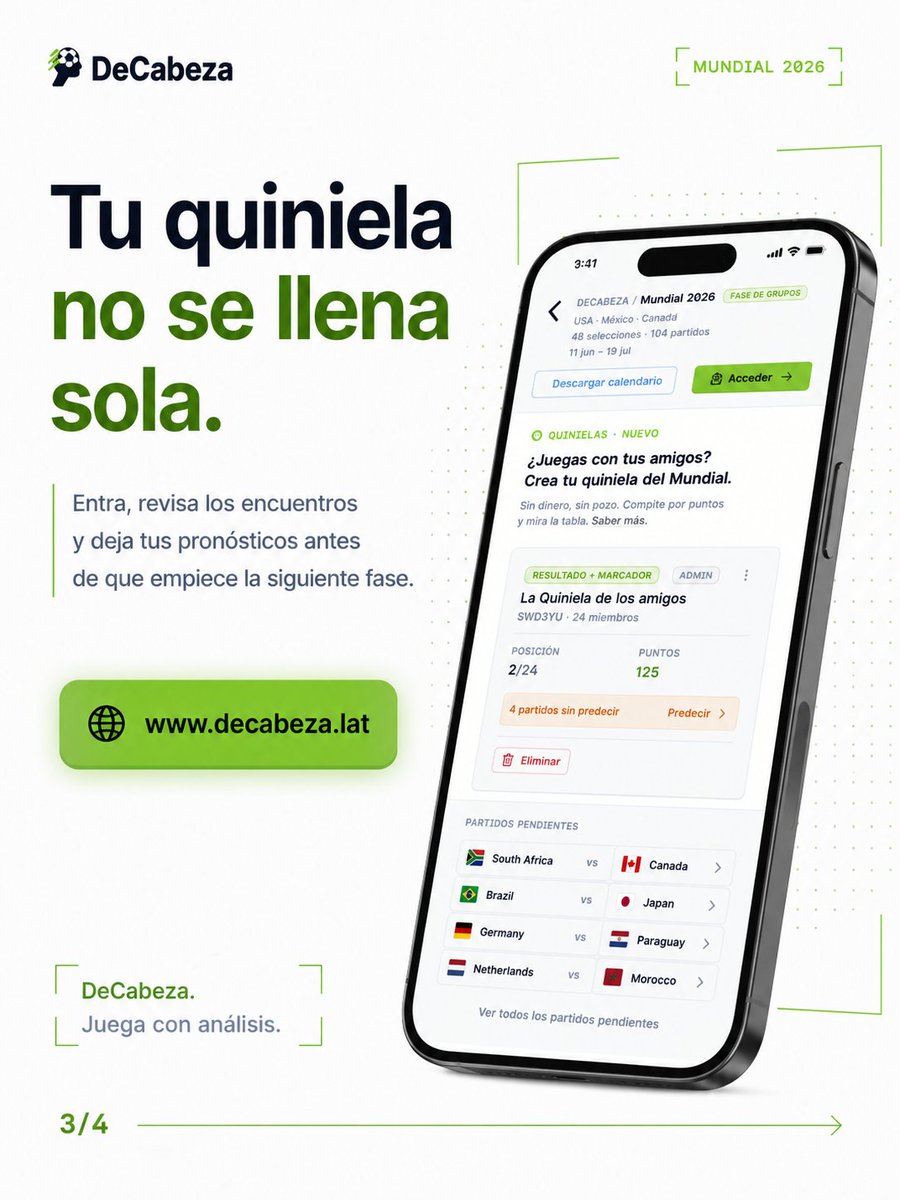 decabeza_lat's tweet photo. 9 cruces confirmados.
7 todavía por definirse.
Y tu grupo de amigos esperando la tabla.

Juega con análisis.
Disfruta con amigos.

[https://t.co/bX6WTNOnyx] https://t.co/DYgypV96Tm