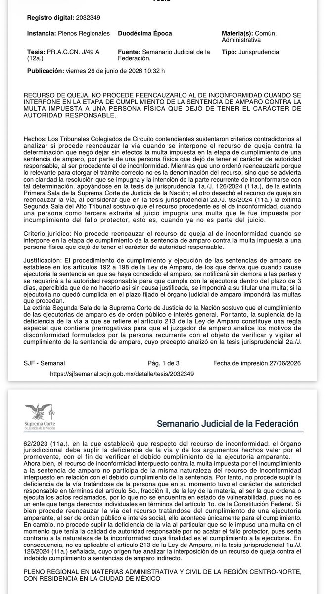 veroosornio's tweet photo. El día que se deje de ver al #juiciodeamparo como si se tratara de un asunto mercantil, estos criterios tan limitados no tendrán lugar en nuestro sistema jurídico 

⚠️ No procede reencauzar el recurso de queja al de inconformidad cuando se interpone en la etapa de cumplimiento de la sentencia de amparo contra la multa impuesta a una persona física que dejó de tener el carácter de autoridad responsable.

🏛️ PLENO REGIONAL EN MATERIAS ADMINISTRATIVA Y CIVIL DE LA REGIÓN CENTRO-NORTE,
CON RESIDENCIA EN LA CIUDAD DE MÉXICO