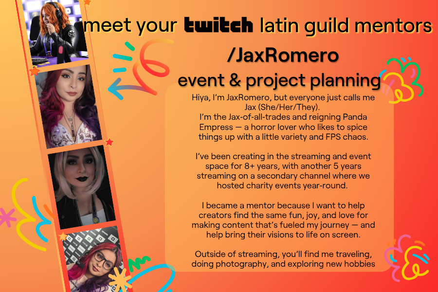 JaxRomero_'s tweet photo. Excited and ready to take on a new role as a @twitch event &amp; project planning mentor for the Latin Guild!!

Ready to learn and collaborate with my fellow mentors to help guildies bring their events to life. https://t.co/9o6NhpGEYj