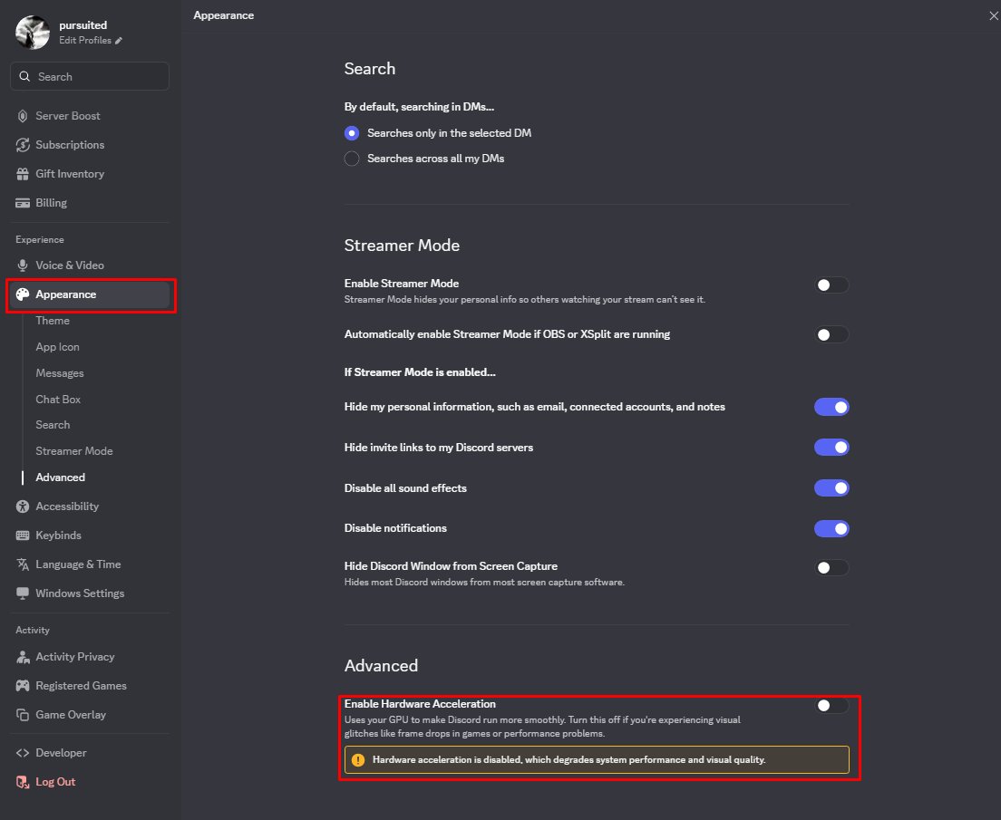 pursuitedx's tweet photo. Default Discord settings are tanking your performance, disable these for better performance.

Clipping: Constant encoding destroys your 1% lows.

Hardware Acceleration: Stop letting discord fight your game for GPU priority.

Overlay: It injects into game hooks, adding latency. https://t.co/8esa5nDTiy