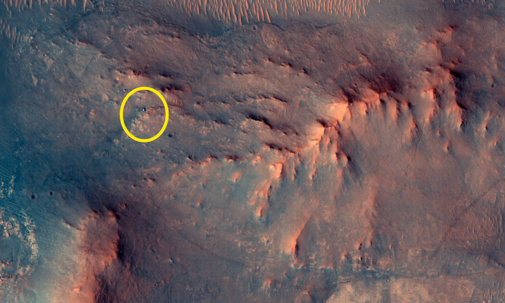 apod's tweet photo. In this recent HiRISE view from the Mars Reconnaissance Orbiter, the little green dot indicated on the surface of the big Red Planet is the Perseverance Mars rover. Recorded on June 13, the car-sized, six-wheeled robot was imaged a day before completing a Martian marathon, traveling a total distance of 26.218 miles (42.195 kilometers) since it began exploring the surface of Mars. That equivalent marathon distance was achieved by Perseverance on its mission sol (Martian day) 1,890, after about 5 Earth years and 4 Earth months of driving. Perseverance is continuing to hunt for biosignatures. In the HiRISE image, the Mars rover's tracks can be seen leading to its location in an area west of its landing site in Jezero crater near an ancient river delta.

Image Credit: NASA, LPL (U. Arizona), MRO, HiRISE