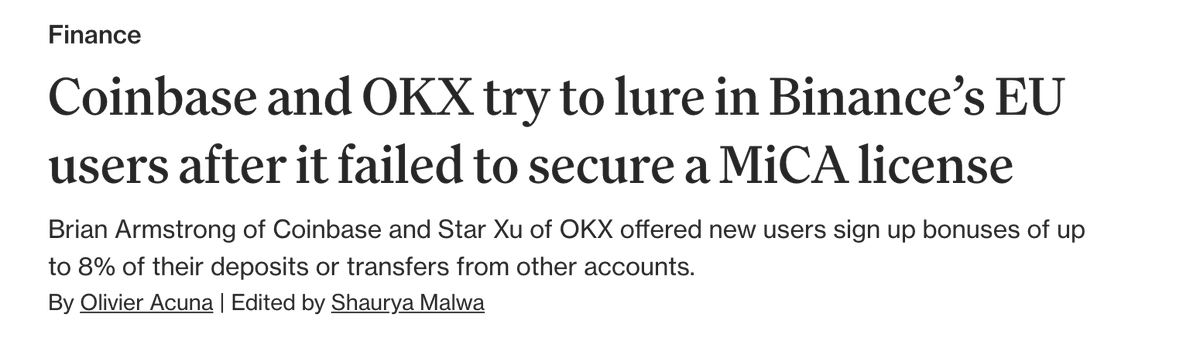 WuBlockchain's tweet photo. Coinbase and OKX Move to Capture Binance EU Users After MiCA Service Suspension

Coinbase and OKX have launched promotional campaigns targeting European users after Binance suspended certain services in the EU for failing to secure a MiCA license before the July 1 deadline. Coinbase is offering transfer rewards of up to 5% for users in Germany, France, Italy and other markets, while OKX is providing eligible EEA users with deposit bonuses of up to 8% and additional new-user incentives. Binance said it still expects to obtain a MiCA license in the coming months. According to OKX Europe General Manager Erald Ghoos, the exchange also saw a record number of new customer sign-ups ahead of the MiCA transition deadline.