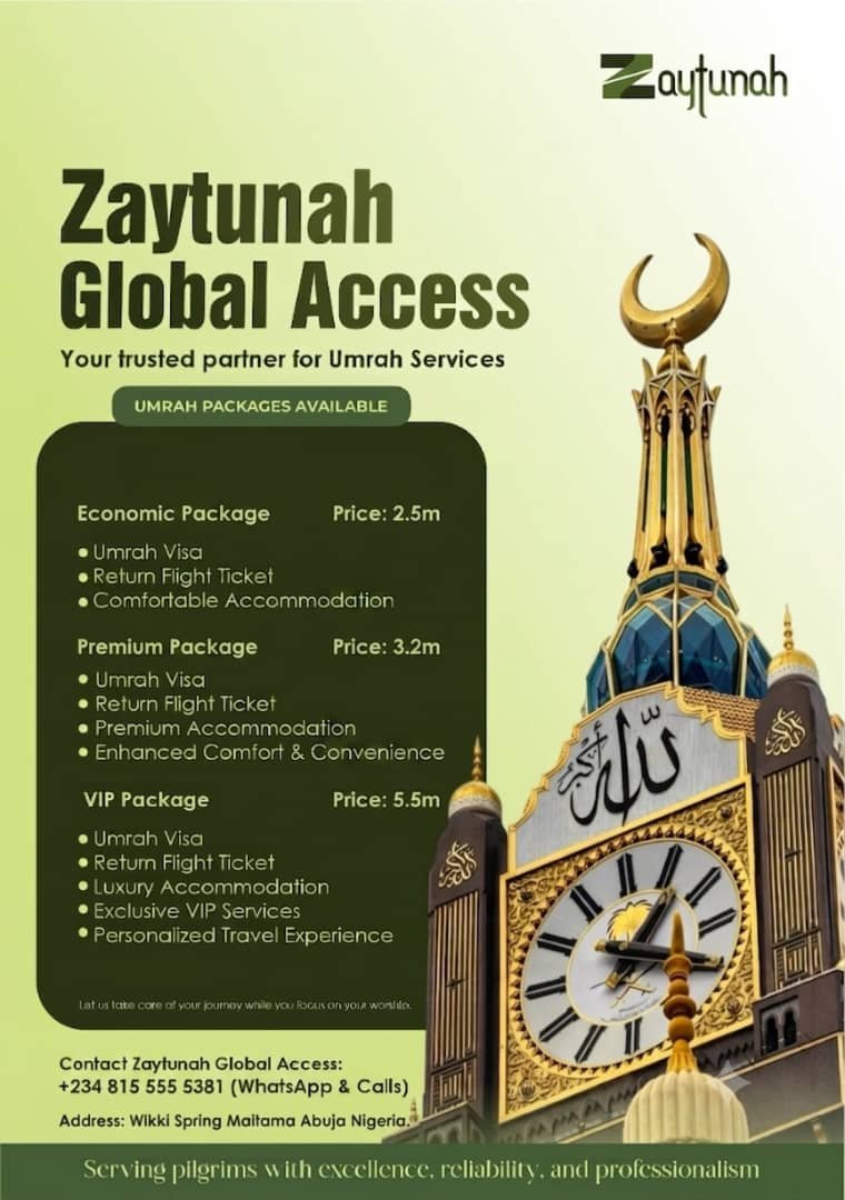 ZaytunahGroup's tweet photo. Zaytunah Global Access offers Umrah packages for every budget. 

Economic, Premium, and VIP with visa, flights &amp; accommodation all sorted.

Let us handle the complete logistics while you focus on your worship.

0815 555 5381 (WhatsApp/Calls)
Address Wikki Spring, Maitama, Abuja https://t.co/o49X2p4fc6