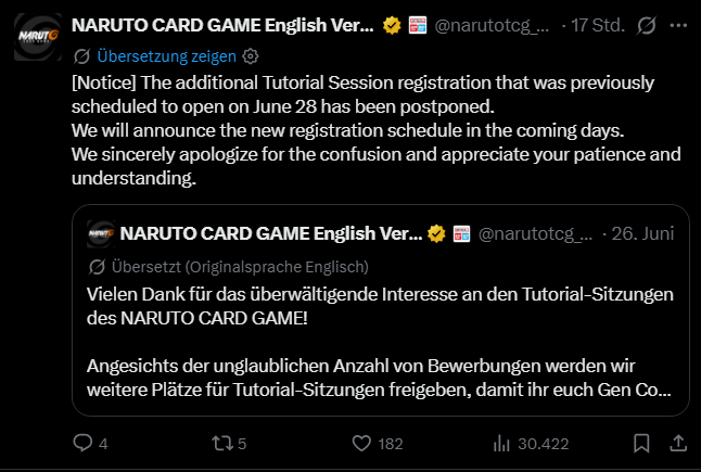 OctomineTCG's tweet photo. The additional Demo spots for the #NarutoTCG that were supposed to go live tomorrow have been postponed to a later NOT YET ANNOUNCED date! 

Let's see how these will be handled, and how many additional possibilities we'll get to try this game out at #GenCon, very excited for it! https://t.co/eR6QWF8riz