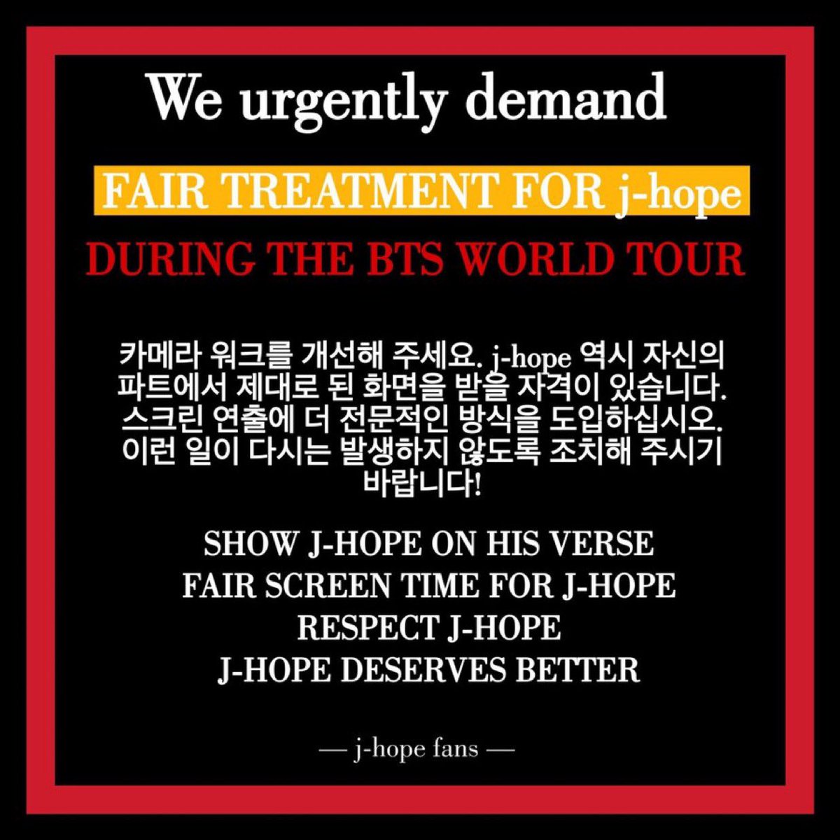 Emylee4111's tweet photo. Hobi who fought for B2B &amp; ARIRANG but NEVER on screen when the song is playing !!!!

We demand to cameraman respect our j-hope!
Show Us j-hope on screen during the concert @bts_bighit @BIGHIT_MUSIC

 https://t.co/4IH8vikrit https://t.co/ecfhJ13Af2