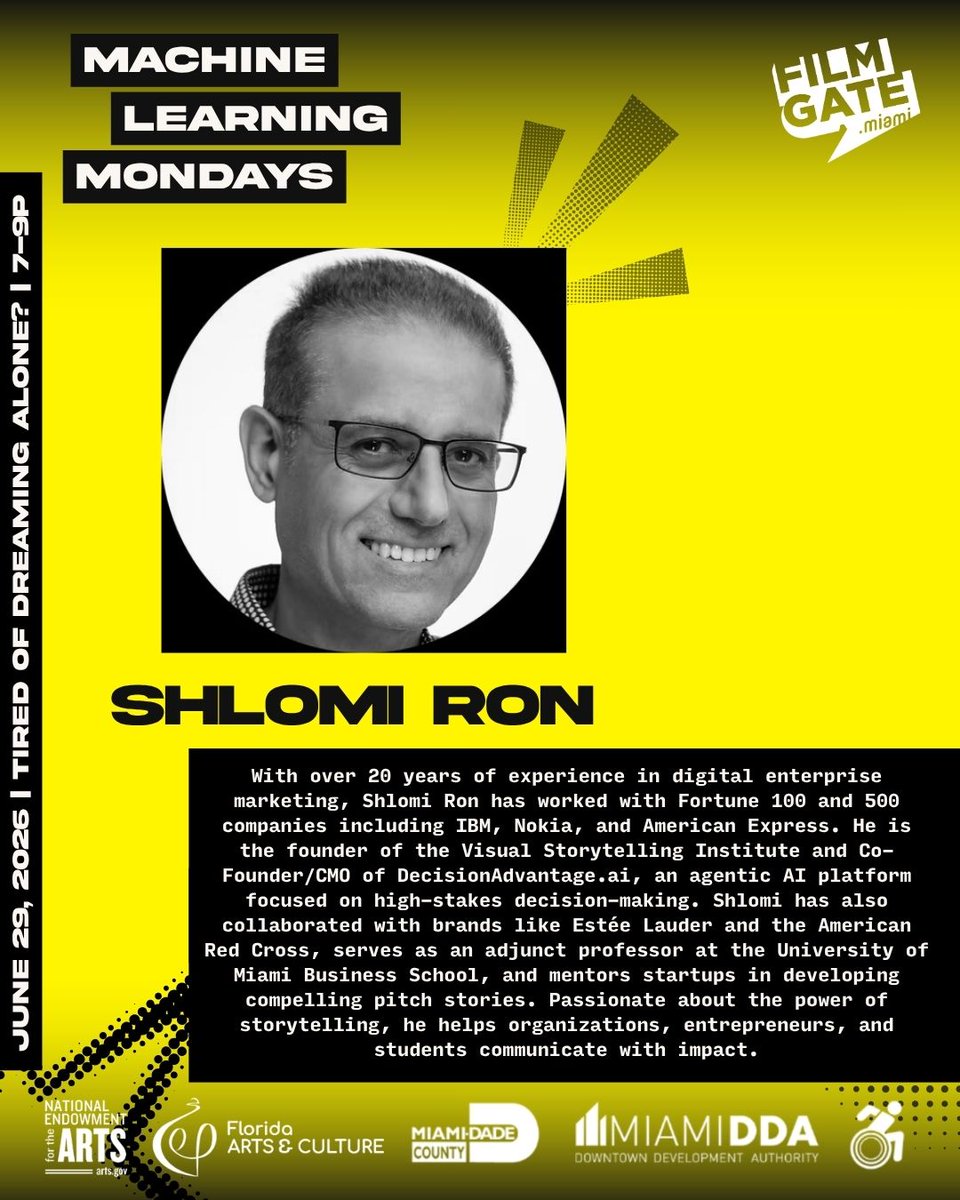 FilmgateMiami's tweet photo. 🌙✨ Dream Arcade returns June 29! Experience VR, AI, immersive storytelling &amp; the premiere of Alec Jerome's Debtropolis with special guest Shlomi Ron at this week's edition of Machine Learning Mondays. 🎬🤖

#ImmersiveArt #MiamiTech https://t.co/9HOa8LJCXL