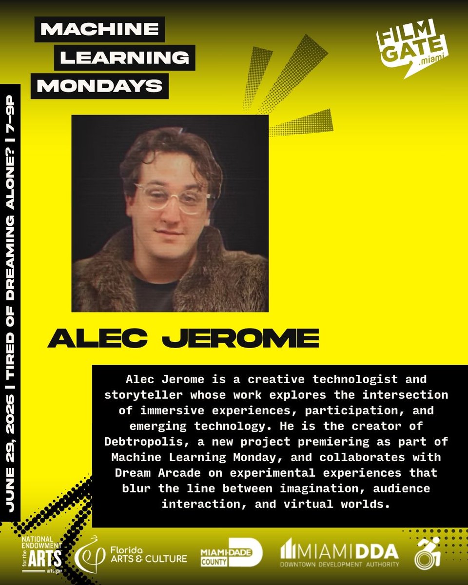 FilmgateMiami's tweet photo. 🌙✨ Dream Arcade returns June 29! Experience VR, AI, immersive storytelling &amp; the premiere of Alec Jerome's Debtropolis with special guest Shlomi Ron at this week's edition of Machine Learning Mondays. 🎬🤖

#ImmersiveArt #MiamiTech https://t.co/9HOa8LJCXL