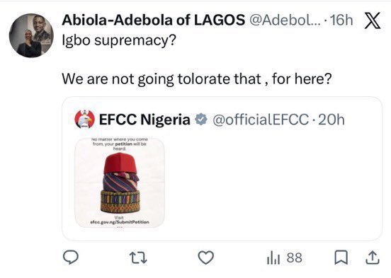 BiaPulse's tweet photo. The EFCC posted pictures of different tribes caps, telling Nigerians that no matter your tribe or ethnicity, and wherever you may be in Nigeria, the EFCC will get you signifying that they are impartial and non-tribal in their profession.

However, some Yorubas who always attack the Igbos found no meaning in the message the EFCC was trying to pass. Instead, they attacked the arrangement of the caps, asking the EFCC why the Igbo cap was placed on top of the Yoruba cap.

Some Yorubas are the originators of hatred, bigotry, and attacks against the Igbos.

I am hopeful that things will get better in the future, but I must say that some Yorubas have a deep-seated hatred for the Igbo people.