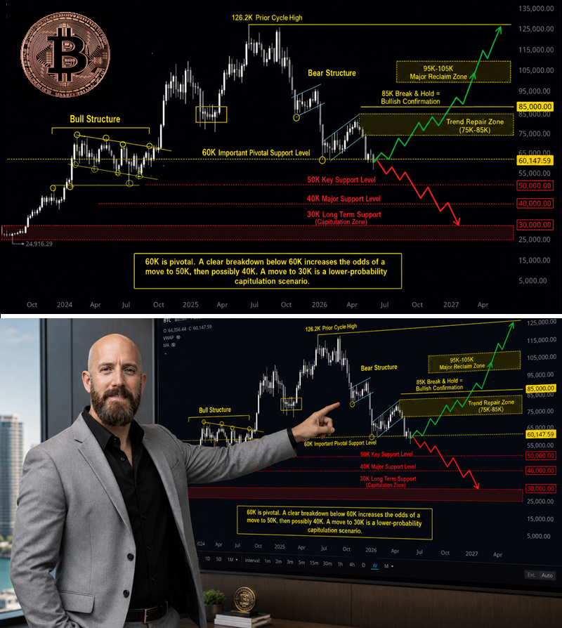 MikeCLigon's tweet photo. If you look at this Bitcoin chart markup, the first thing you see is simple:

Bitcoin can either go up or down.

And most people would say, “Oh really? No 💩.”

But look closer.

The real question is not whether Bitcoin will ever have another bull run or make new highs one day.

The real question is:

What does Bitcoin need to do first before that happens?

That is what the chart is showing.

Right now, Bitcoin is sitting around a major pivotal level near $60K. If Bitcoin holds this area, it still has a chance to build a base and start repairing the damage from the recent breakdown. If it loses $60K cleanly, then $50K becomes the next key support, and below that $40K becomes possible.

So in the short term, the chart still matters.

But long term, I believe the bigger story is much more important.

The long-term Bitcoin bull case is becoming a high-probability institutional adoption story.

Why?

Because major institutions are now massively involved in Bitcoin, and that changes everything.

Retail traders think in days, weeks, panic, emotion, and “am I up or down today?”

Institutions do not see time the same way.

They think in years.

They think in infrastructure.

They think in custody.

They think in regulation.

They think in asset classes.

They think in control.

BlackRock did not create a Bitcoin ETF because Bitcoin was going away.

Fidelity did not build digital asset custody and Bitcoin investment products because Bitcoin was going away.

JPMorgan did not move deeper into tokenization, blockchain settlement, digital collateral, and Bitcoin-related infrastructure because this asset class was going away.

The major players are not just “buying Bitcoin.”

They are building the rails around it.

That is the part most retail traders miss.

When the largest financial institutions in the world start building ETFs, custody platforms, collateral systems, tokenized settlement infrastructure, and wealth-management access around Bitcoin, that is not random speculation.

That is integration.

And once an asset gets integrated into the financial system, it becomes much harder to ignore.

This is also why the CLARITY Act could become a major driver for Bitcoin’s next big move.

Institutions love opportunity, but they hate uncertainty.

They need rules.

They need legal structure.

They need compliance clarity.

They need to know what they can offer, how they can custody it, how they can lend against it, how they can create products around it, and how they can participate without unnecessary regulatory risk.

If the CLARITY Act gives the market a clearer digital asset framework, it could become one of the biggest catalysts for Bitcoin because it removes one of the biggest excuses institutions have had for staying cautious.

Now let’s talk about the part most people do not like to hear.

Big money does not play the same game as retail.

Retail buys when the chart looks exciting.

Retail sells when the chart looks scary.

Institutions often do the opposite.

They are patient.

They can absorb volatility.

They can wait months or years.

They can use downturns to accumulate while retail traders are panicking.

And in some cases, large holders may even sell positions at a loss for tax, accounting, portfolio, or risk-management reasons, lock in the loss, and then later rebuild exposure. That does not always mean they are bearish long term. Sometimes it is just strategy.

These big boys are playing chess while retail is playing Candy Land.

That is why I do not look at Bitcoin pullbacks the same way most people do.

A major drop can be painful.

A breakdown below $60K would matter.

A move to $50K or even $40K would shake out a lot of people.

But the long-term question is not whether Bitcoin is volatile.

We already know it is.

The long-term question is whether Bitcoin is becoming a permanent institutional asset class.

And based on what the major players are building, I believe the answer is yes.

Bitcoin still has to prove itself on the chart.

It needs to hold $60K or recover it quickly if it breaks.

It needs to reclaim the $75K to $85K trend repair zone.

It needs a break and hold above $85K to confirm momentum is shifting back bullish.

Then the $95K to $105K area becomes the major reclaim zone.

After that, new highs become realistic again.

But the foundation is bigger than the chart.

The CLARITY Act could provide the regulatory catalyst.

The ETFs provide access.

The custody platforms provide security.

The collateral systems provide utility.

The institutions provide scale.

And the fear from retail may provide the accumulation opportunity.

So no, I do not believe the Bitcoin bull run is dead.

I believe Bitcoin is going through the process that major assets often go through before becoming fully institutionalized:

Volatility.

Fear.

Regulation.

Infrastructure.

Adoption.

Then expansion.

Bitcoin may still go lower before it goes higher.

But long term, the probability that Bitcoin becomes a major adopted asset class looks stronger, not weaker.

#Bitcoin #Crypto 
@saylor @GrantCardone @kevinolearytv @stoolpresidente @Bitcoin