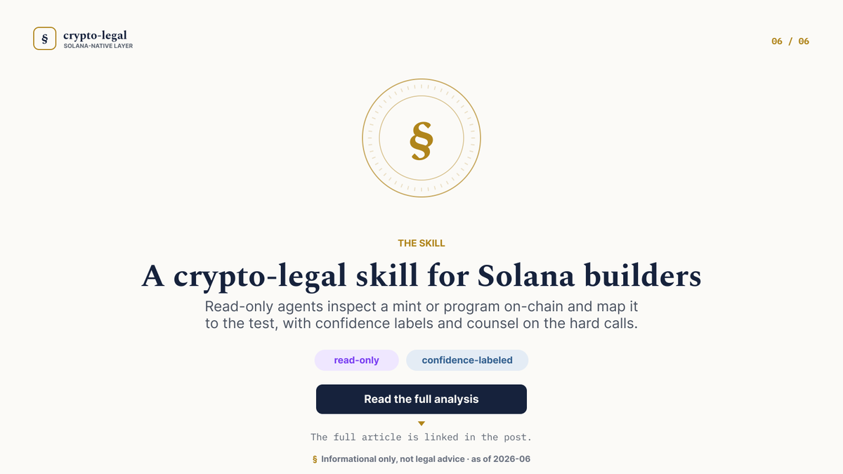 ZiBibro's tweet photo. 6/6 I shipped this as an open, MIT crypto-legal skill for the Solana AI Kit: read-only agents map a mint or program's on-chain facts to the US, EU, and Brazil legal tests.

Skill: https://t.co/am90DqiwCb
Paper: https://t.co/RZfFOyYdyz

cc @SuperteamBR https://t.co/txIkPjMqQe
