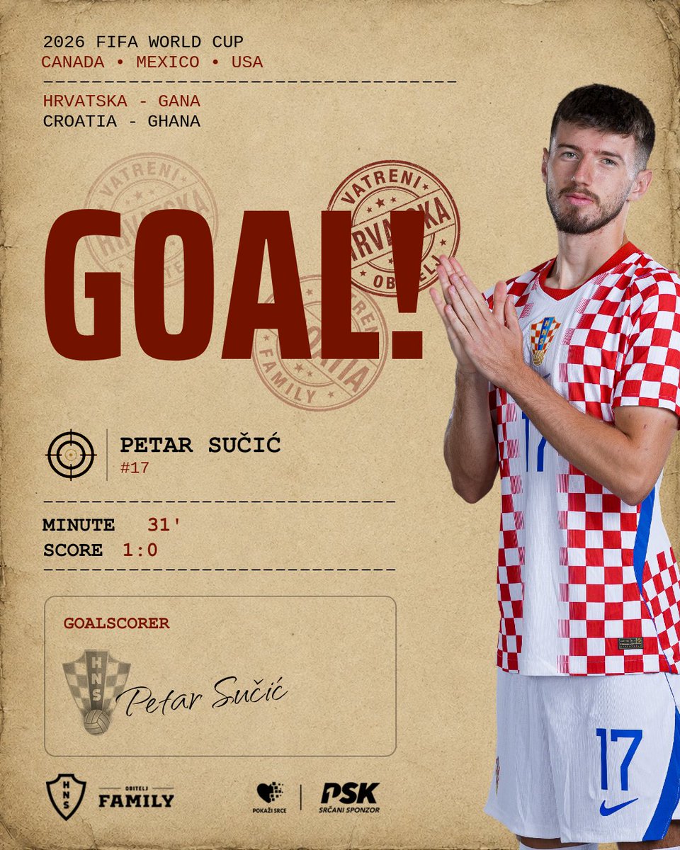 HNS_CFF's tweet photo. 31' | 🇭🇷 1:0 🇬🇭

Petar Sučić from distance, #Croatia with the lead! ⚽️ #CROGHA

#WorldCup | #PokažiSrce | #HrabarBroj | #Family | #Vatreni❤️‍🔥 https://t.co/zOunYTiYqF