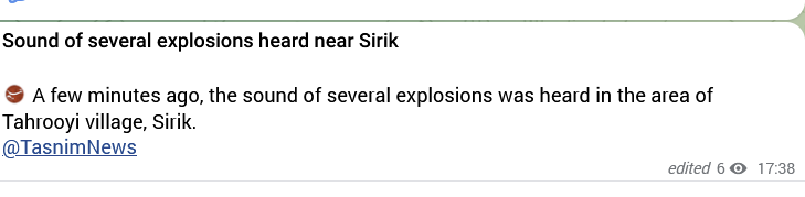 lookner's tweet photo. Iran state media Tasnim also reporting several explosions heard in Sirik https://t.co/FuBcu4MtE2