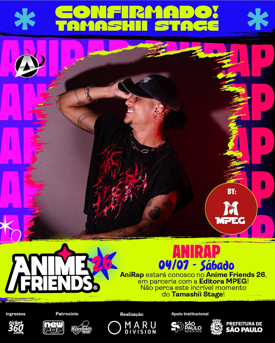 animefriends's tweet photo. Sábado é dia de rimar com o portal aberto no Tamashii Stage. 🔥

Pela primeira vez no Anime Friends, AniRap chega ao AF26 para uma apresentação inédita no sábado, dia 4 de julho, em parceria com a Editora MPEG.

Gabriel Macedo, conhecido como AniRap, é um dos grandes nomes do rap geek brasileiro. Com mais de 1,9 milhão de inscritos no YouTube e mais de 1 bilhão de visualizações acumuladas, o artista transformou personagens, batalhas e histórias dos animes em músicas que atravessaram fandoms inteiros.

De “Fundadores da Toman” a “Soco Sério”, “Feiticeiro Imortal” e tantos outros sucessos, AniRap se consolidou como uma das vozes mais fortes da cena, levando o universo geek para milhões de fãs dentro e fora da internet.

E essa estreia no Anime Friends vem com uma conexão especial.

A Editora MPEG também estará presente no AF26, trazendo o AniRap para sessões de Meet & Greet em seu estande, além de um bate-papo especial na Arena AF.

Show, encontro com os fãs e muita energia geek em um só dia.

Agora o portal se abre para essa estreia.

E o sábado do Tamashii Stage promete cantar junto.

👉 Quem está pronto para ver AniRap pela primeira vez no Anime Friends?
👉 Dúvidas? Chama Inbox!

📅 AF26: 2, 3, 4 e 5 de julho de 2026
📍 Distrito Anhembi
🎟️ Ingressos à venda na Ticket360

#AnimeFriends #AF26 #TamashiiStage #AniRap #AFextravagante