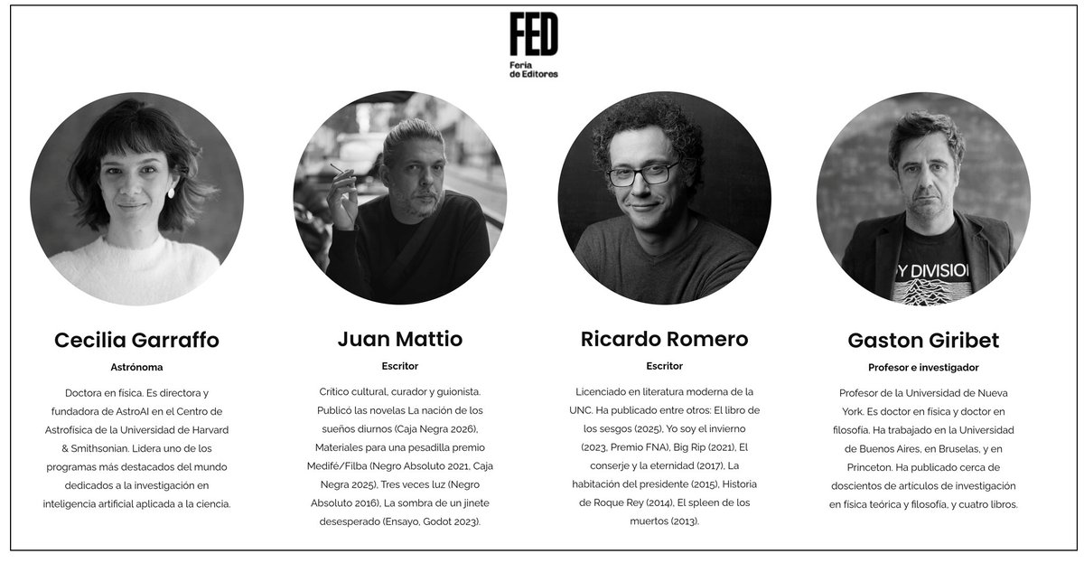 GastonGiribet's tweet photo. En poco más de un mes será la Feria de Editores (FED '26) en Buenos Aires. Es un placer confirmar que ahí estaremos Cecilia Garraffo, Juan Mattio, Ricardo Romero y yo conversando sobre realismo especulativo y su relación con la literatura y la física teórica. Será el 7 de agosto. https://t.co/3Hi5FfxHBE