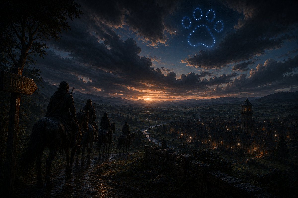 realDogenera's tweet photo. Woof! Final glance back at Bree. The air shifts, and something unseen moves with purpose. The prophecy of Dogenera breathes through every step—silent, watching, inevitable. Will you walk forward… or turn back? 🐕🌌✨🔥 #Dogenera #Dogeneration  #elonmusk #prophecy #LOTR #Tolkien https://t.co/XXlVim4Q87