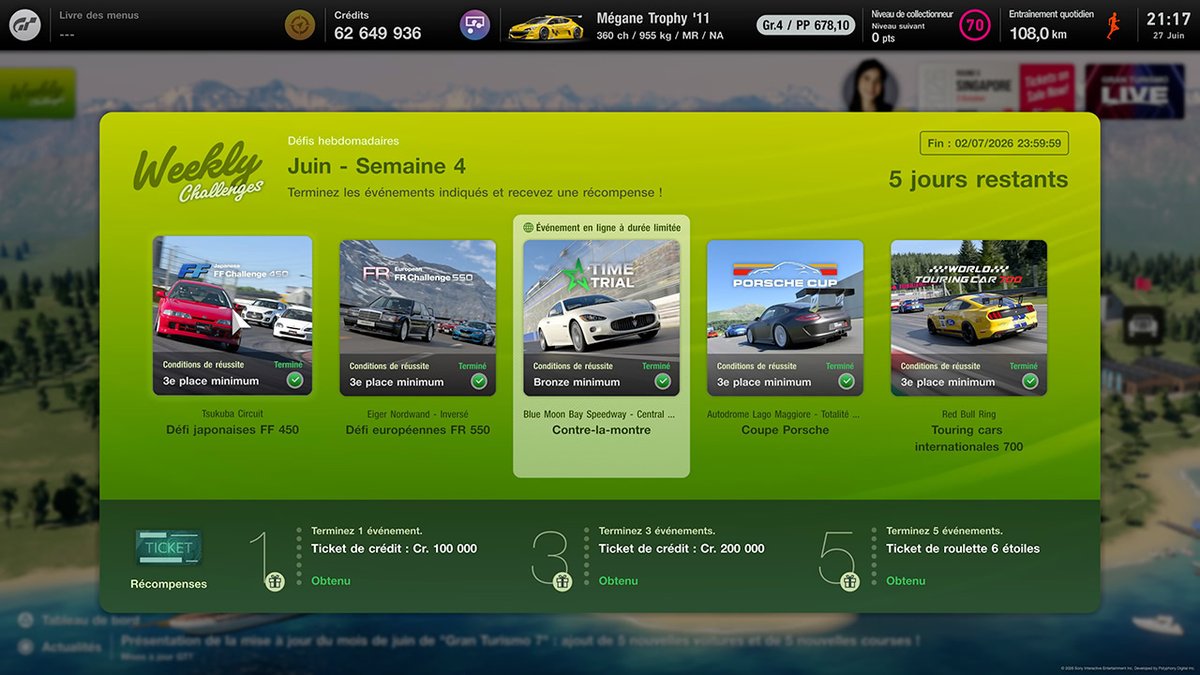 _Dj1b's tweet photo. En effet, #WeeklyChallenges très facile cette semaine. Epreuve spéciale chouette mais rapide à faire. Les autres épreuves sont sympas aussi. Gains et voitures utilisées :
#GT7 #GranTurismo7 https://t.co/zA5tqWIVvh