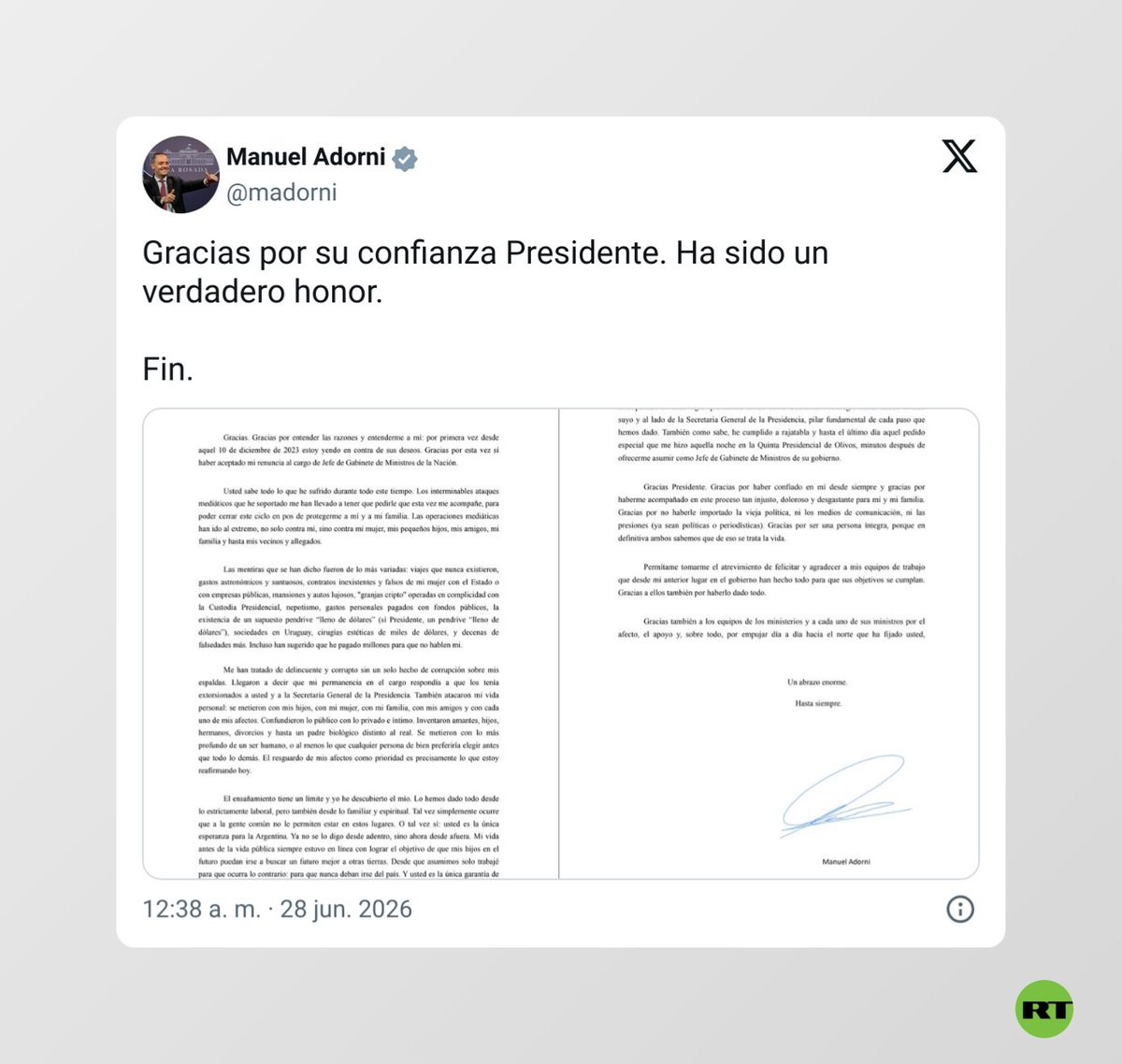 ActualidadRT's tweet photo. #ÚLTIMAHORA 

‼️ RENUNCIA EL JEFE DE GABINETE DE MILEI, ENVUELTO EN ESCÁNDALOS DE CORRUPCIÓN

https://t.co/oQ7gKR3BqX https://t.co/VaemWkkyjW