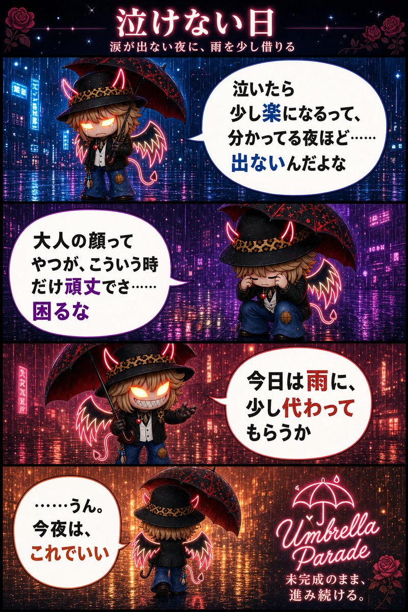 velxiii13's tweet photo. 泣けたら少し楽なのに、涙まで固まる夜がある。オレもまだ、うまく崩れられない。
黒ハットのつばから落ちる一滴くらいでいい。
でもさ、雨に少し代わってもらって、息だけ吐いていくか。

#UmbrellaParade #ヴェル13世 #未完成のまま進む #まだ息してる #4コマ漫画 #創作漫画 https://t.co/0qZiqqvuk5