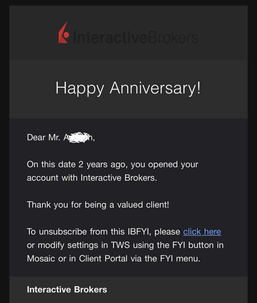tradanoia's tweet photo. This anniversary email from my broker just reminded me it’s been 2years since I switched to the US markets. 
Had spent over 8 years building my trading career in Indian markets before this. Wasn’t an easy decision at the time. Lots of question marks.
But looking back now I’m just grateful I made it.
The opportunity here is on another level.
Best move I ever made. 🙌 
@IBKR 
$SPY