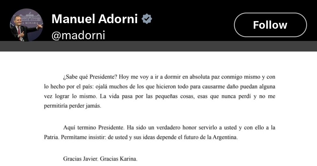 pableshiff's tweet photo. La carta está pésimamente escrita,  pero qué le podemos pedir a un burro que no sea una patada?

Tiene errores de tipeo, hay oraciones escritas con I.A, le faltan preposiciones y le faltan comas. La peor omisión de una coma, sin embargo, es esta: "Aquí termino Presidente". Si uno lee lo que está escrito, se desprende que este imbécil sale de esta crisis siendo Presidente de la Nación (Dios nos libre)
