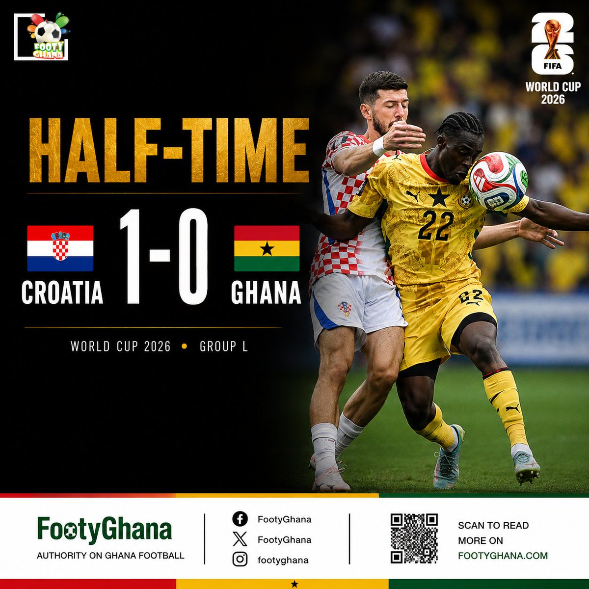 FootyGhana's tweet photo. 📸 | ⏸️ Half-time: 

Croatia lead through Petar Sučić's first-half strike.

The Black Stars have work to do after the break.

🇭🇷 Croatia 1-0 🇬🇭 Ghana

.#BlackStars | #WorldCup2026 | https://t.co/UOtYAyMBSb | #GHACRO | #FootyGhana https://t.co/wOb71AHYla
