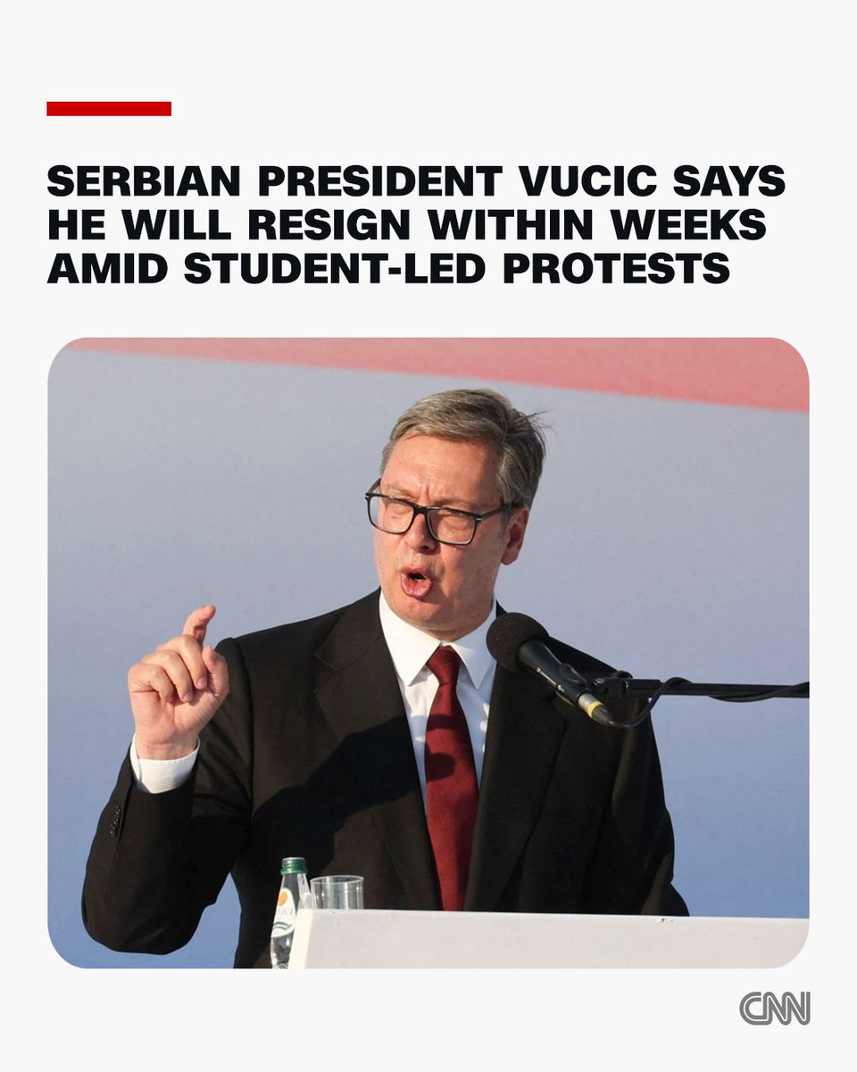 CNN's tweet photo. Serbian President Aleksandar Vucic said on Saturday he would resign within weeks and the country will hold early presidential and parliamentary elections, following 18 months of anti-government protests. https://t.co/JnrueOfiAu https://t.co/qokhcItE2Z