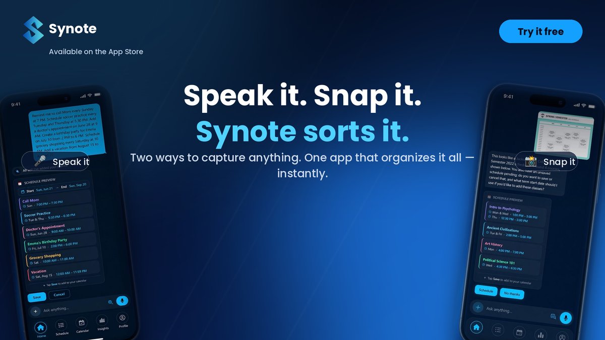 SynoteAI's tweet photo. Two ways to never forget anything again:
Talk it out
Snap a photo

Synote turns either one into organized tasks, reminders, and events. No typing required. https://t.co/hKJgb1epdc