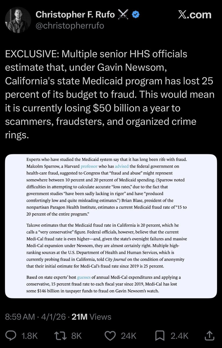 ArthurMacwaters's tweet photo. Let me get this straight 

> CA *already* collects nearly 49 billion in income taxes from the top 1% of earners 

> under Newsom, it’s also lost $50b+ per year to Medicaid fraud 

> so literally every tax dollar given by the wealthy is laundered directly into the hands of scammers 

Asset seizures are Bolshevik schemes proposed by people who simply want to enable more fraud