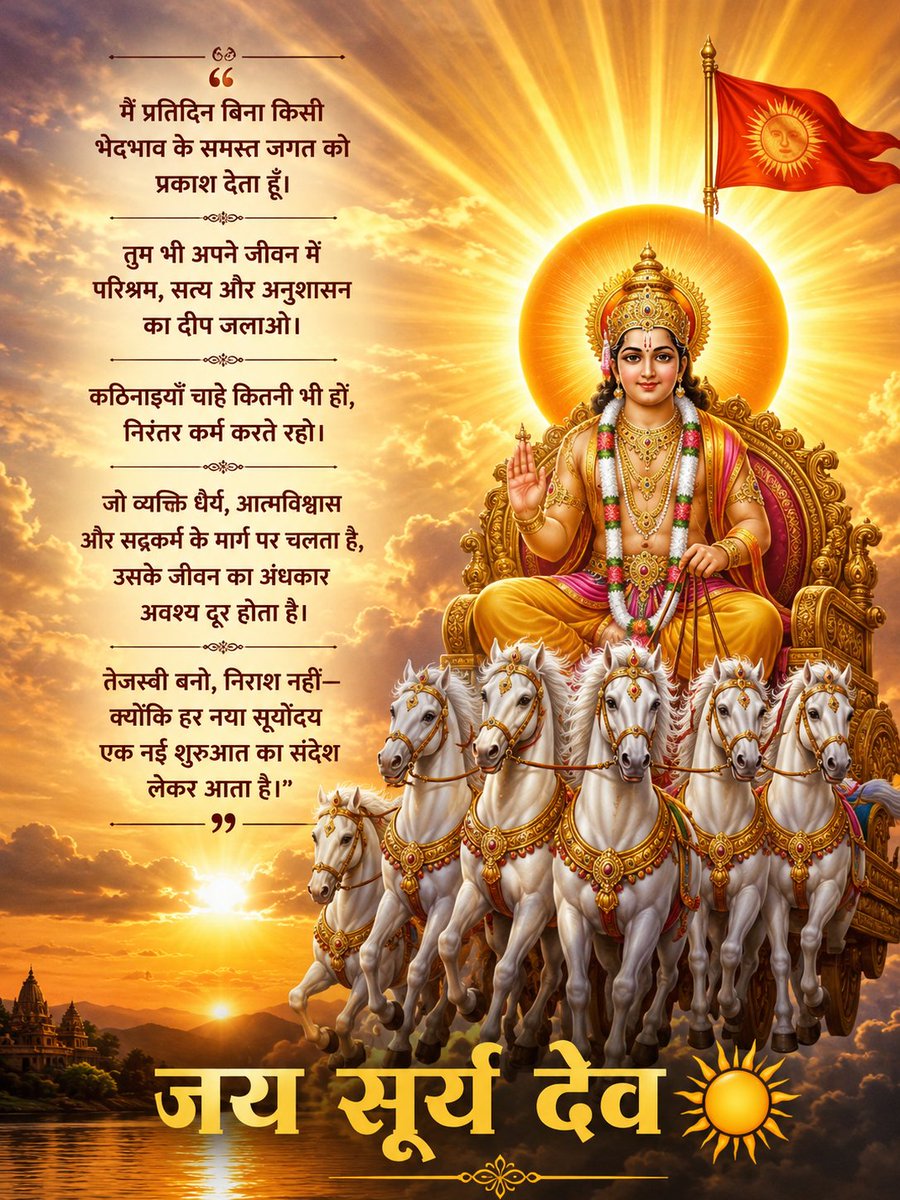 sumerjangir9966's tweet photo. मैं प्रतिदिन बिना किसी भेदभाव के समस्त जगत को प्रकाश देता हूँ। तुम भी अपने जीवन में परिश्रम, सत्य और अनुशासन का दीप जलाओ। कठिनाइयाँ चाहे कितनी भी हों, निरंतर कर्म करते रहो। जो व्यक्ति धैर्य, आत्मविश्वास और सद्कर्म के मार्ग पर चलता है, उसके जीवन का अंधकार अवश्य दूर होता है। तेजस्वी बनो, निराश नहीं-क्योंकि हर नया सूर्योदय एक नई शुरुआत का संदेश लेकर आता है।