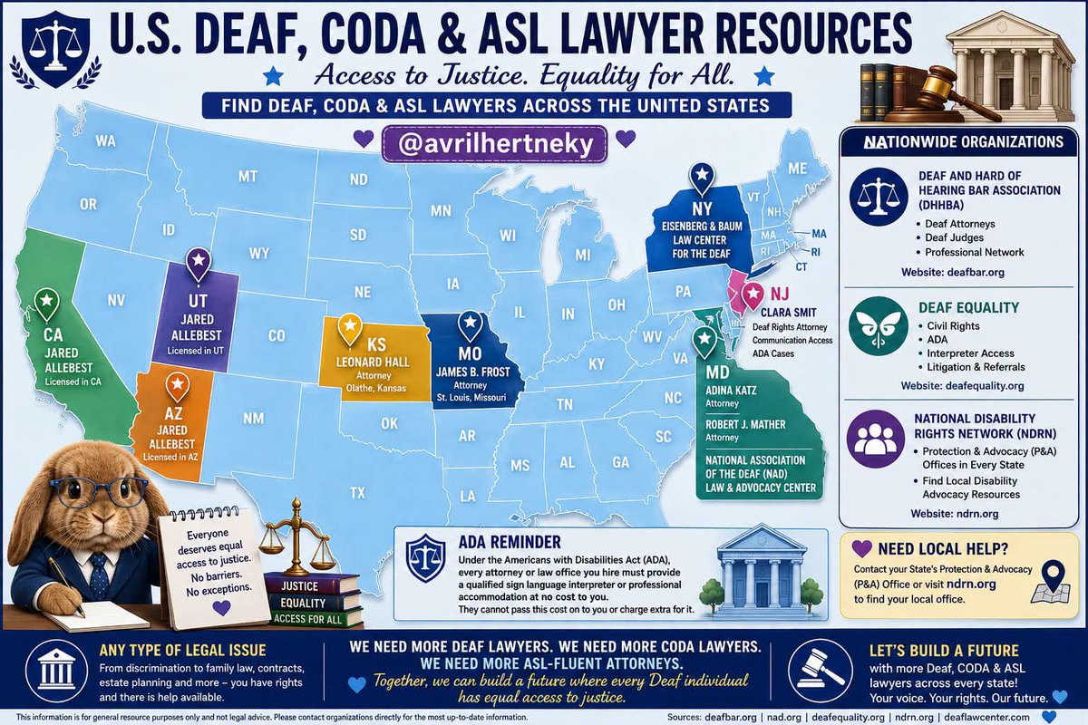 DeafCivilRights's tweet photo. Someone has created a list of Deaf lawyers and Deaf friendly law firms. 

@JaredAllebest of @AllebestLawFirm,  @DeafRightsLaw (Eisenberg &amp; Baum, LLP Law Center for Deaf and Hard of Hearing) &amp; @NAD1880 are mentioned. https://t.co/JDwQWxqMtf